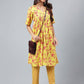 Janasya Women's Yellow Cotton Floral Printed Gathered Casual Kurta Set - Swadesiicart