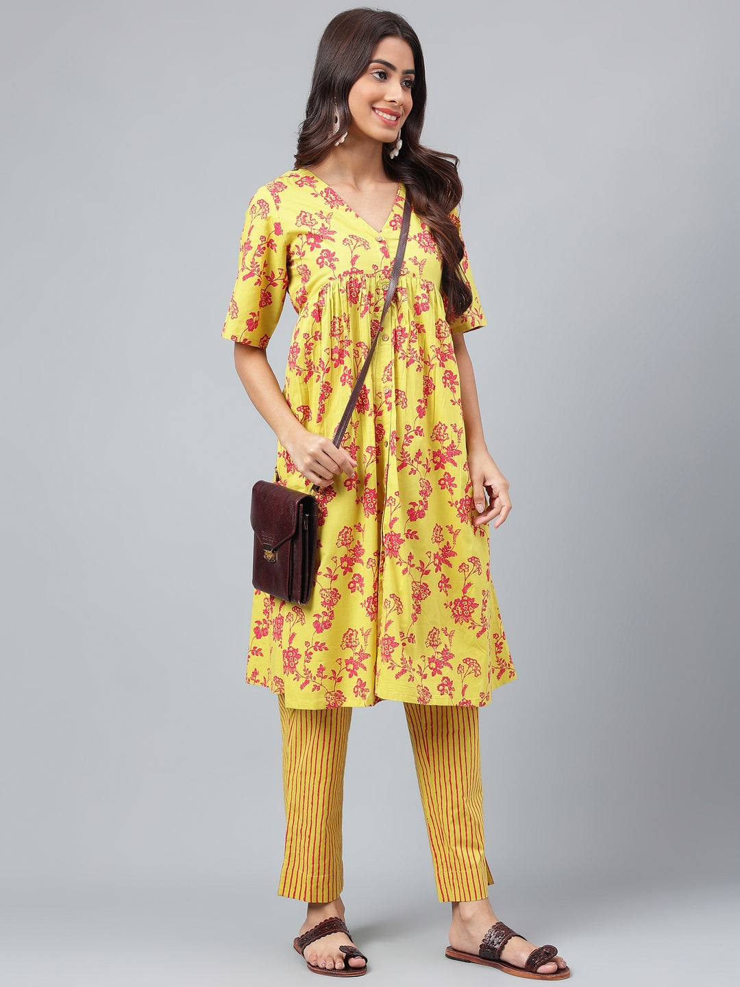 Janasya Women's Yellow Cotton Floral Printed Gathered Casual Kurta Set - Swadesiicart