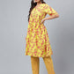 Janasya Women's Yellow Cotton Floral Printed Gathered Casual Kurta Set - Swadesiicart