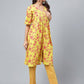 Janasya Women's Yellow Cotton Floral Printed Gathered Casual Kurta Set - Swadesiicart
