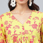 Janasya Women's Yellow Cotton Floral Printed Gathered Casual Kurta Set - Swadesiicart