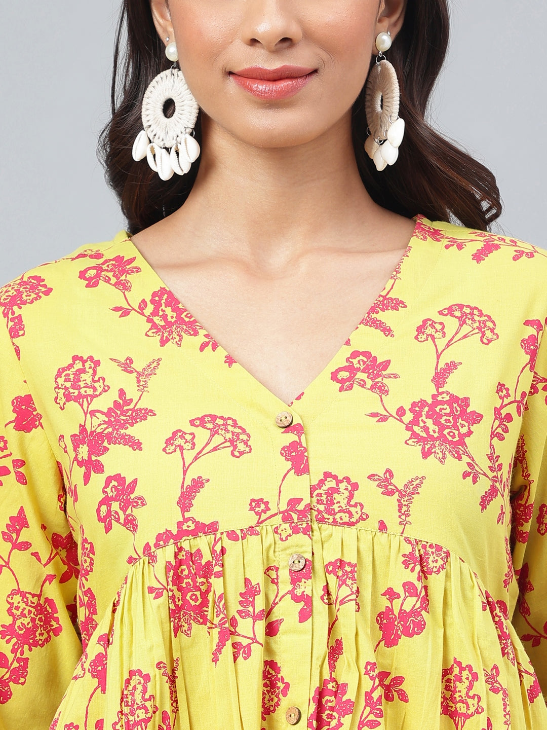 Janasya Women's Yellow Cotton Floral Printed Gathered Casual Kurta Set - Swadesiicart
