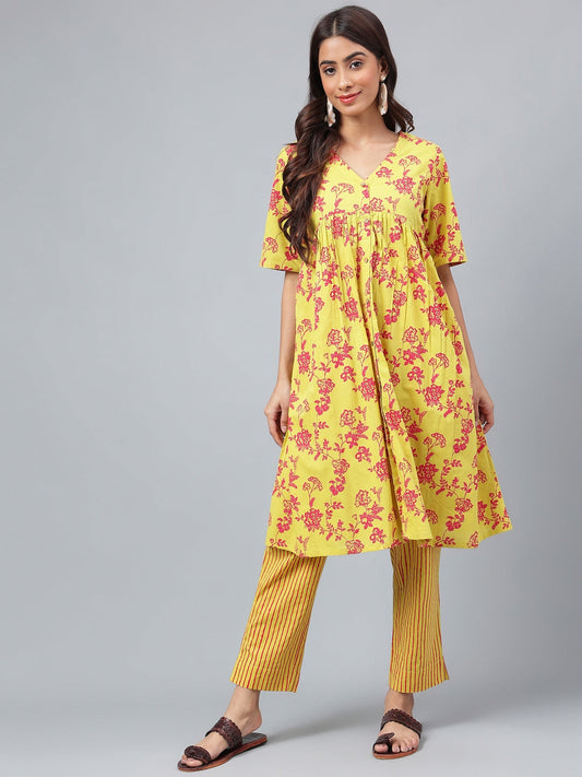 Janasya Women's Yellow Cotton Floral Printed Gathered Casual Kurta Set - Swadesiicart