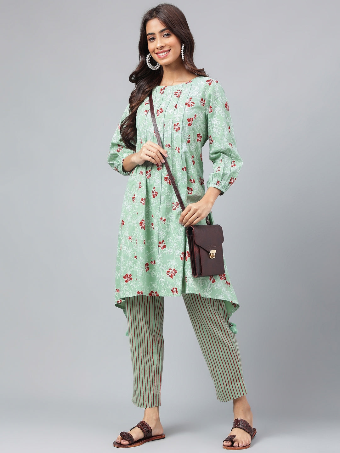 Janasya Women's Green Cotton Floral Printed Handkerchief Casual Kurta Set | Swadesiicart