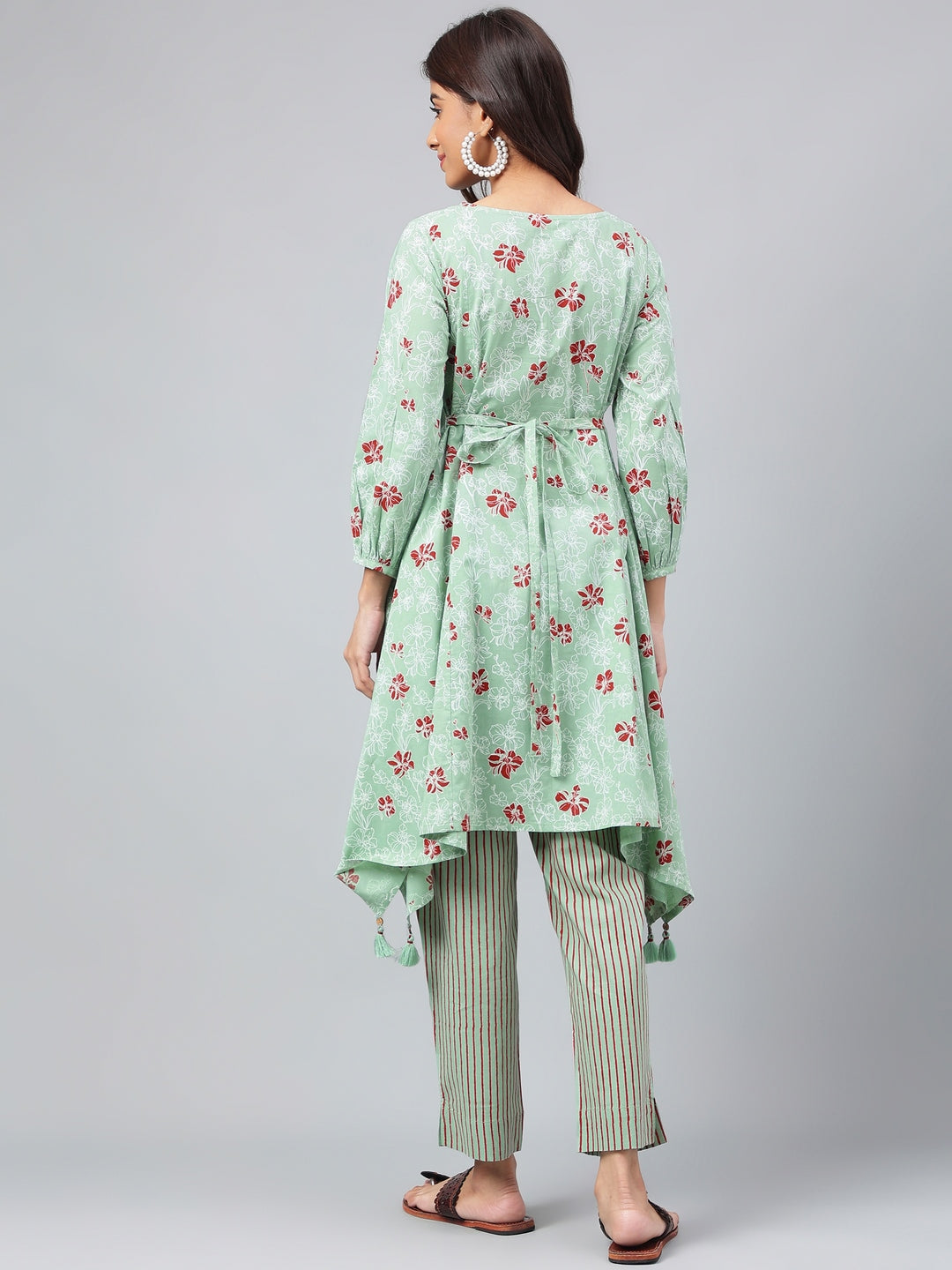 Janasya Women's Green Cotton Floral Printed Handkerchief Casual Kurta Set | Swadesiicart
