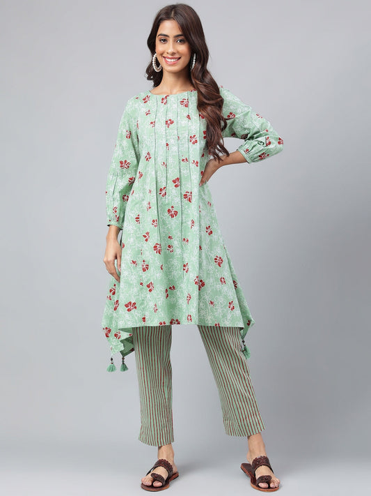 Janasya Women's Green Cotton Floral Printed Handkerchief Casual Kurta Set | Swadesiicart