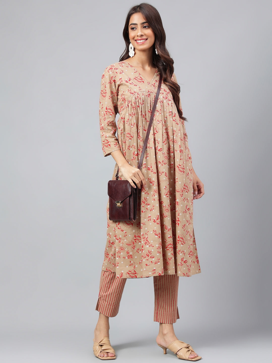 Janasya Women's Brown Cotton Floral Printed Gathered Casual Kurta Set | Swadesiicart