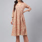 Janasya Women's Brown Cotton Floral Printed Gathered Casual Kurta Set | Swadesiicart