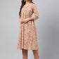 Janasya Women's Brown Cotton Floral Printed Gathered Casual Kurta Set | Swadesiicart
