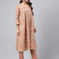 Janasya Women's Brown Cotton Floral Printed Gathered Casual Kurta Set | Swadesiicart