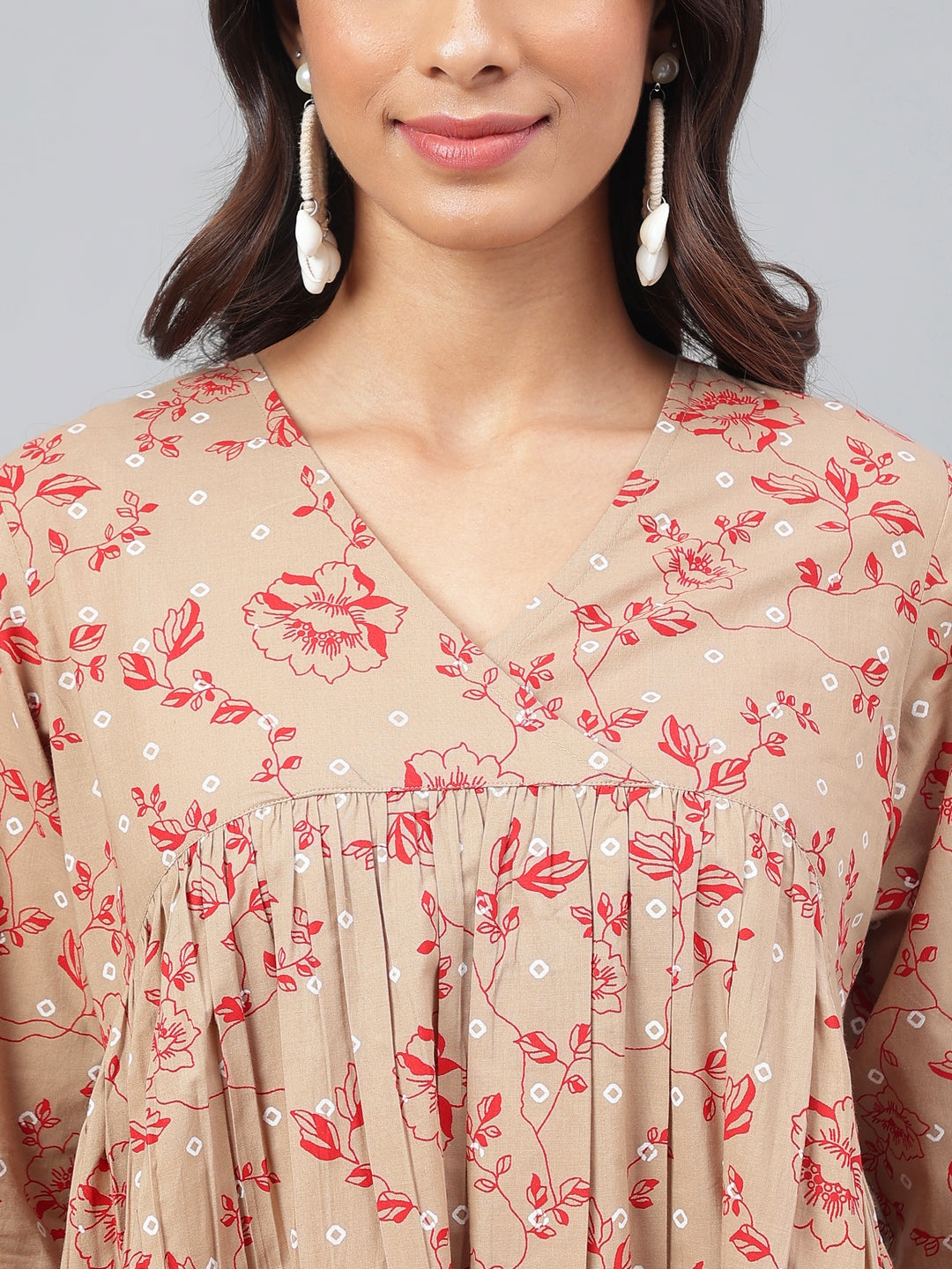 Janasya Women's Brown Cotton Floral Printed Gathered Casual Kurta Set | Swadesiicart