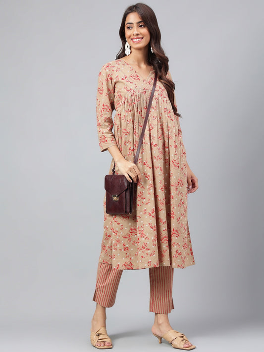 Janasya Women's Brown Cotton Floral Printed Gathered Casual Kurta Set | Swadesiicart