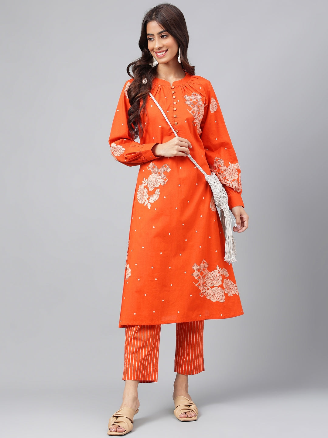 Janasya Women's Orange Cotton Floral Printed A-line Festive Kurta Set | Swadesiicart