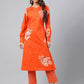 Janasya Women's Orange Cotton Floral Printed A-line Festive Kurta Set | Swadesiicart