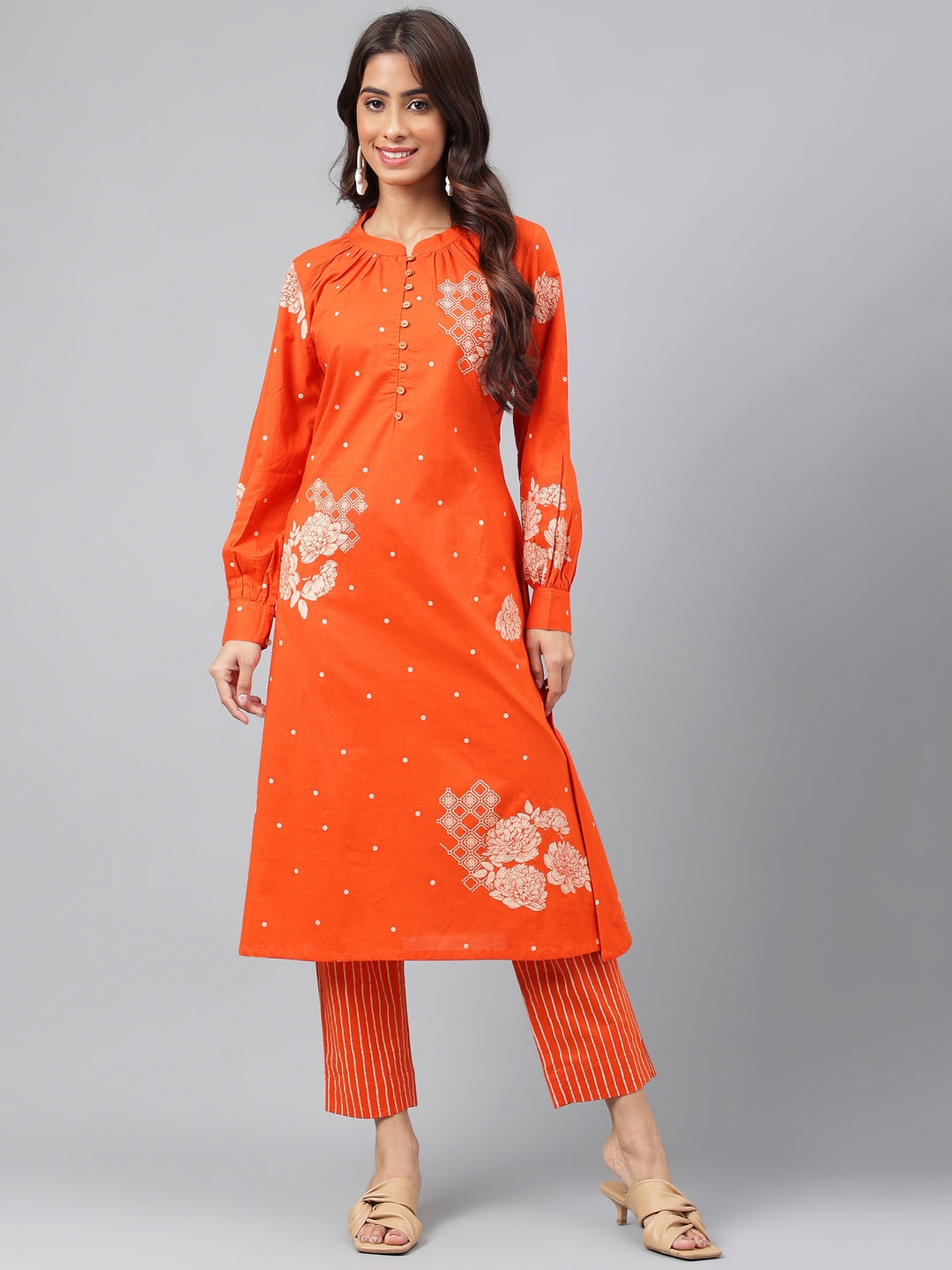 Janasya Women's Orange Cotton Floral Printed A-line Festive Kurta Set | Swadesiicart