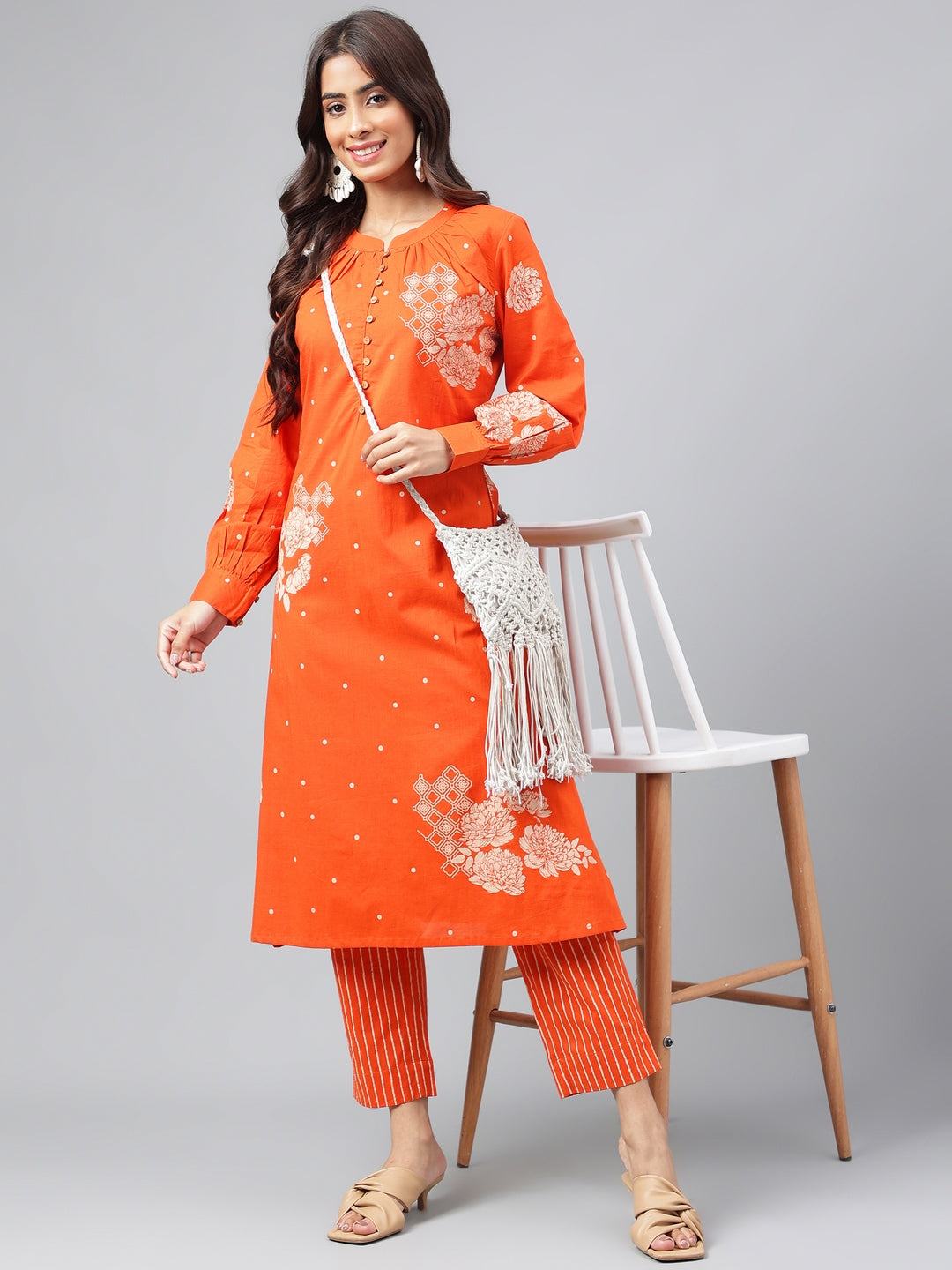 Janasya Women's Orange Cotton Floral Printed A-line Festive Kurta Set | Swadesiicart