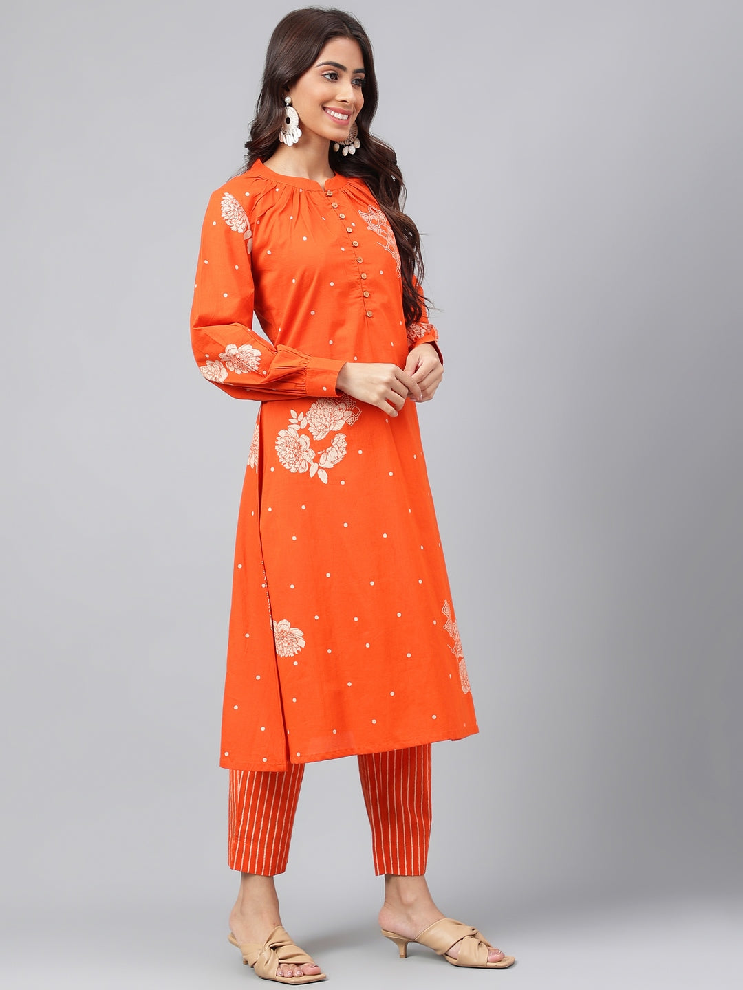 Janasya Women's Orange Cotton Floral Printed A-line Festive Kurta Set | Swadesiicart