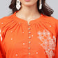 Janasya Women's Orange Cotton Floral Printed A-line Festive Kurta Set | Swadesiicart