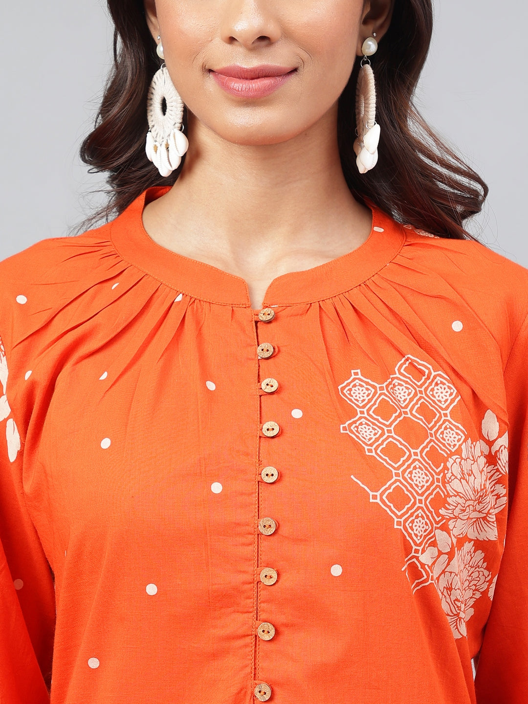Janasya Women's Orange Cotton Floral Printed A-line Festive Kurta Set | Swadesiicart