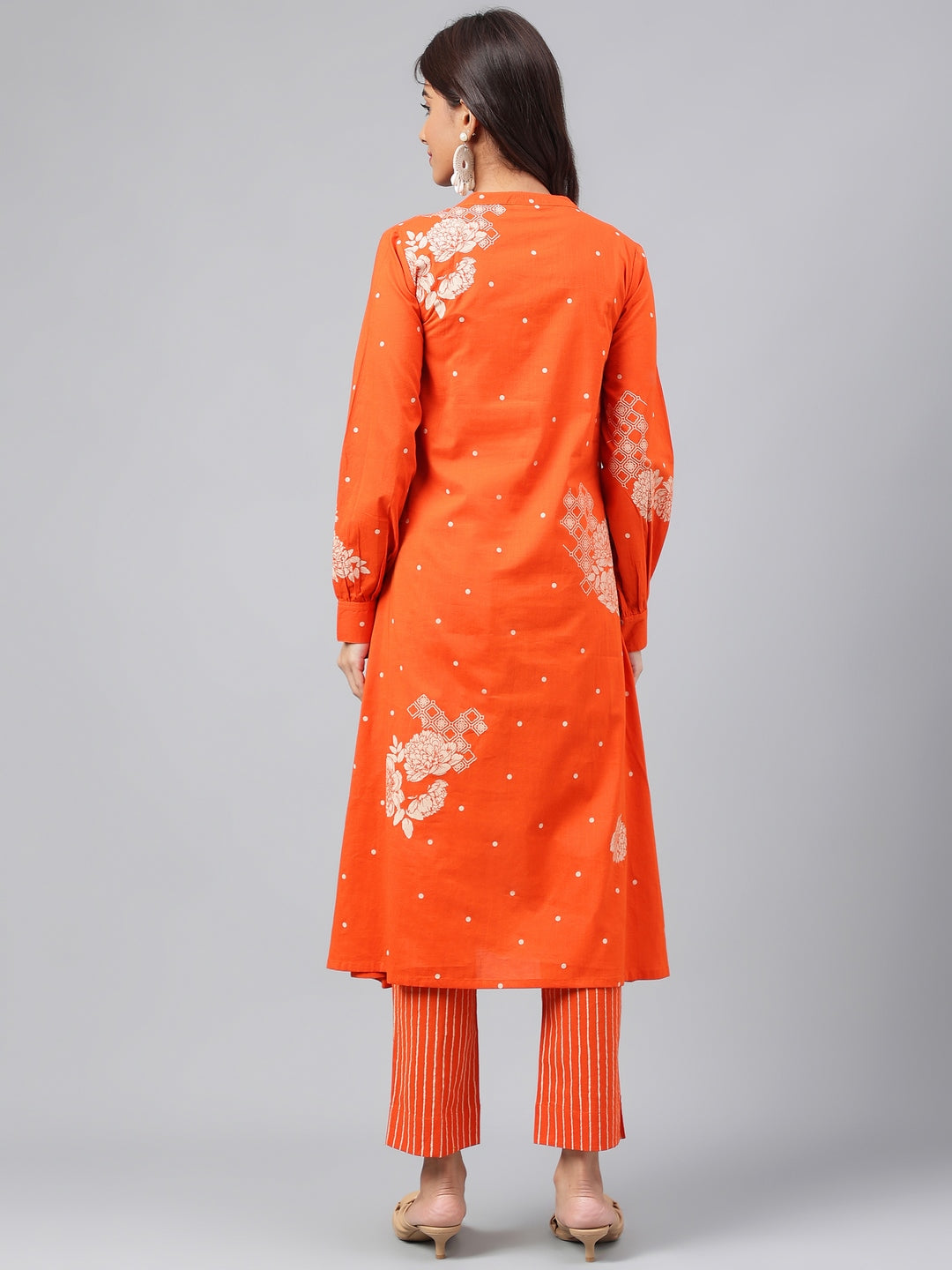 Janasya Women's Orange Cotton Floral Printed A-line Festive Kurta Set | Swadesiicart