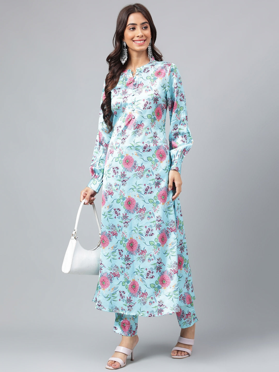 Janasya Women's Aqua Blue Satin Digital Floral Printed Straight Party kurta Set - Swadesiicart