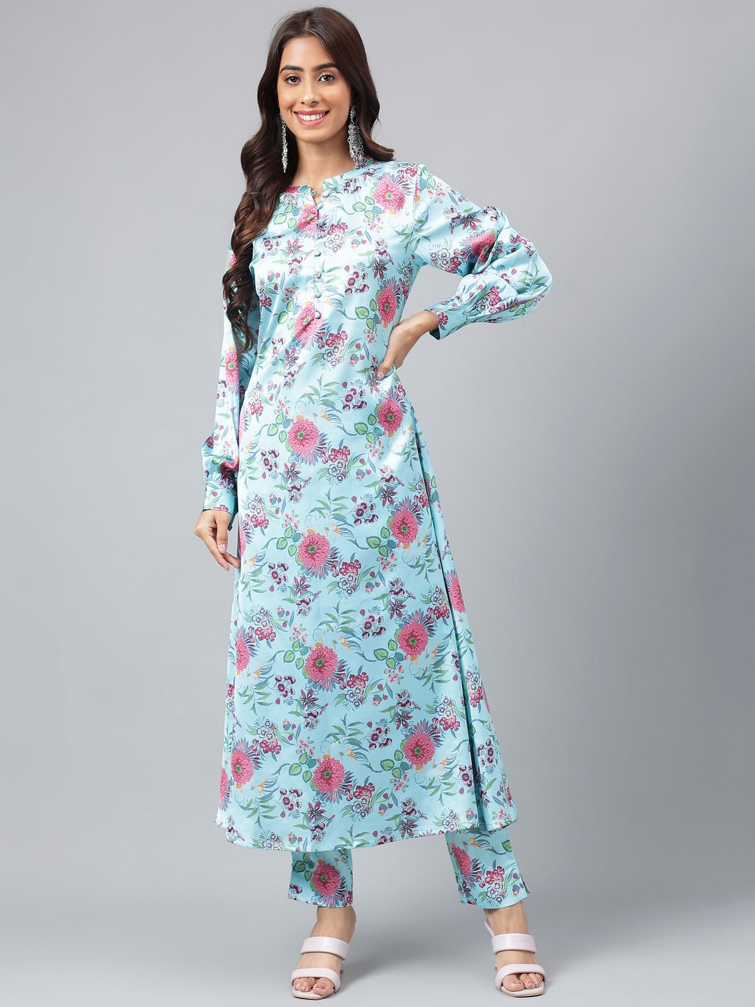 Janasya Women's Aqua Blue Satin Digital Floral Printed Straight Party kurta Set - Swadesiicart