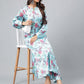 Janasya Women's Aqua Blue Satin Digital Floral Printed Straight Party kurta Set - Swadesiicart