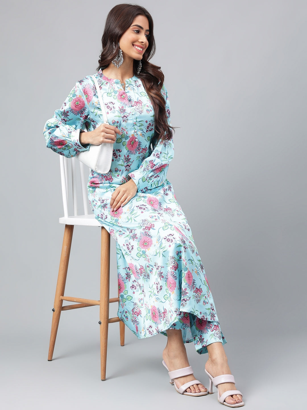 Janasya Women's Aqua Blue Satin Digital Floral Printed Straight Party kurta Set - Swadesiicart