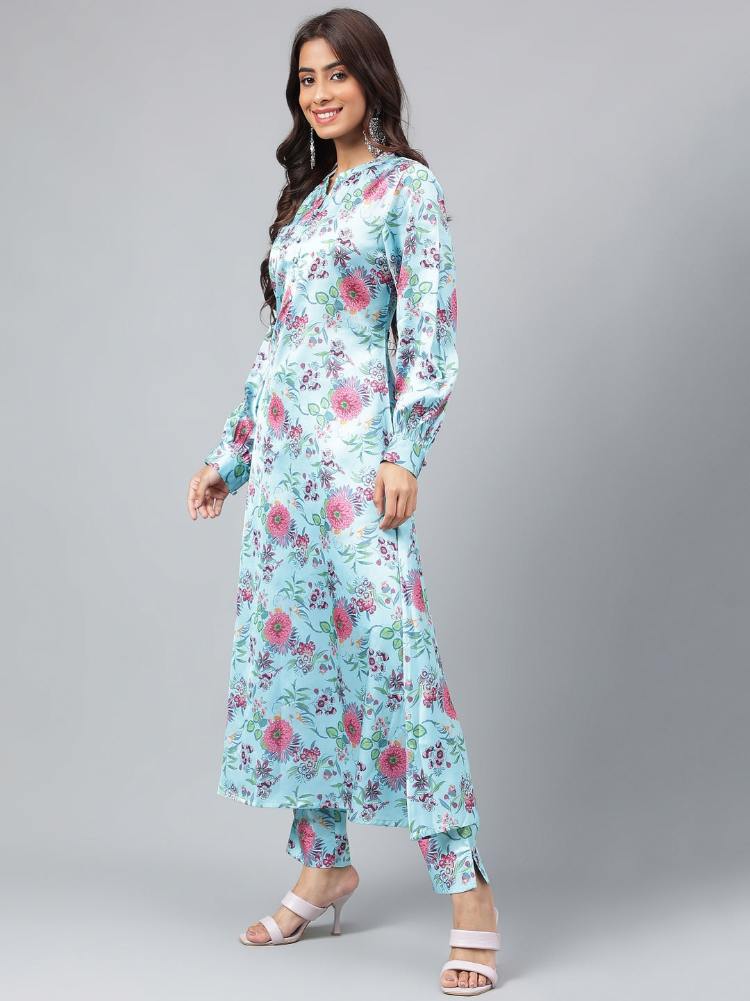 Janasya Women's Aqua Blue Satin Digital Floral Printed Straight Party kurta Set - Swadesiicart