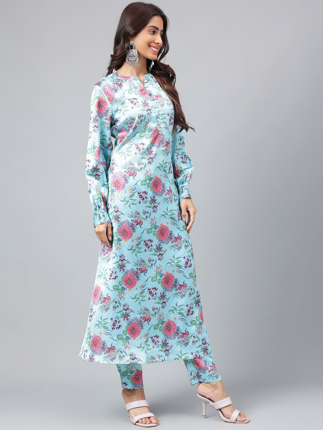 Janasya Women's Aqua Blue Satin Digital Floral Printed Straight Party kurta Set - Swadesiicart