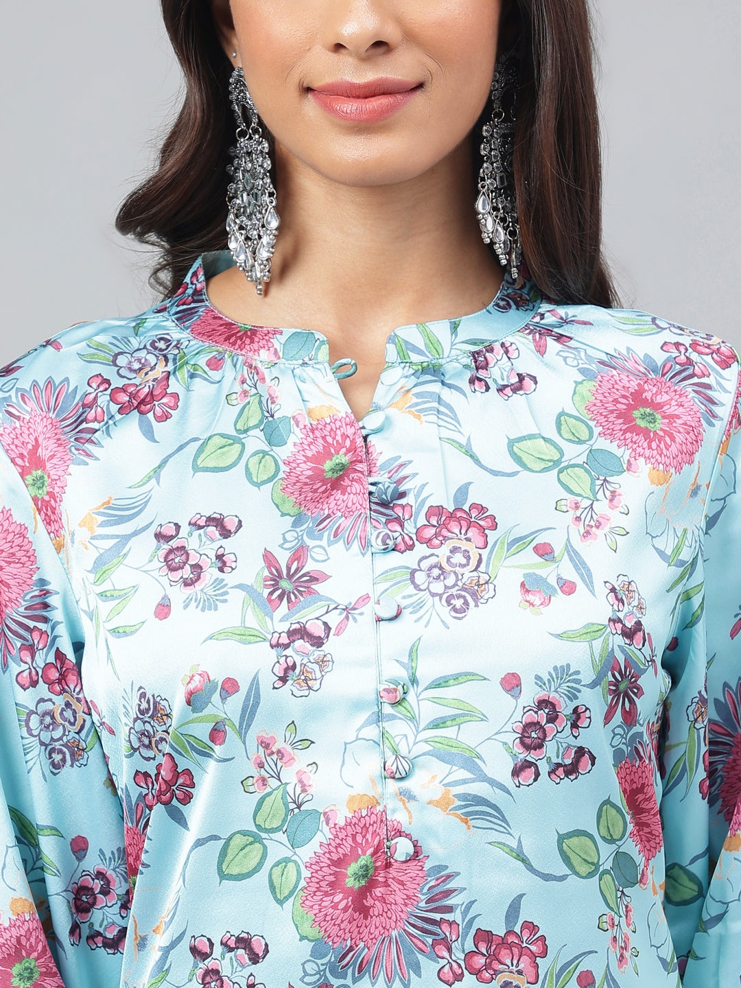 Janasya Women's Aqua Blue Satin Digital Floral Printed Straight Party kurta Set - Swadesiicart