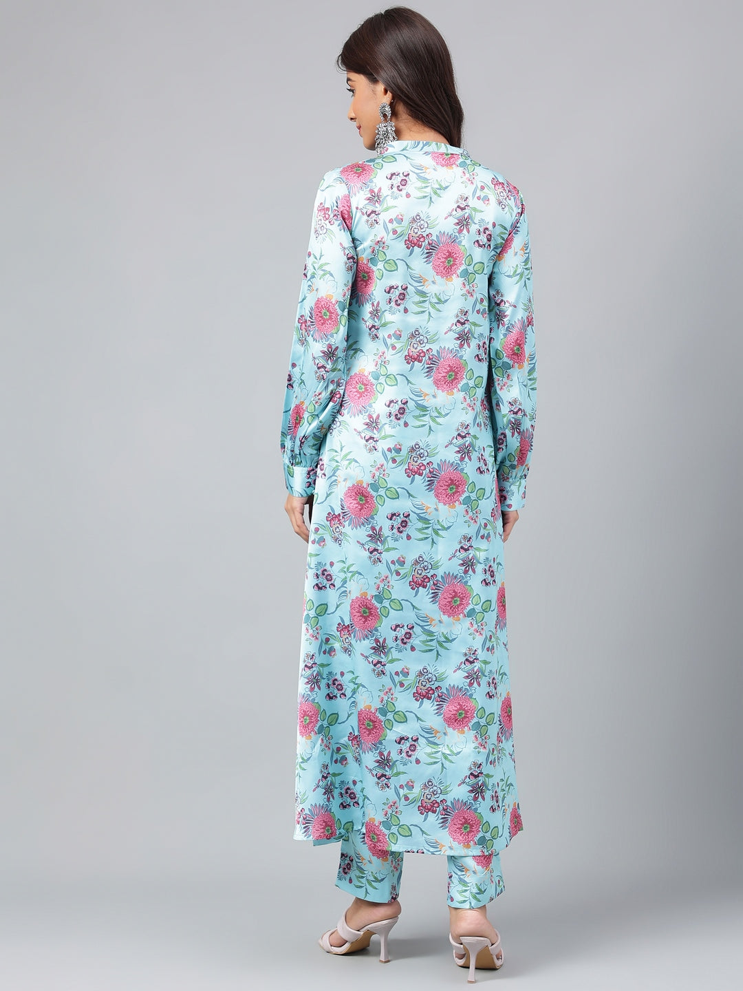 Janasya Women's Aqua Blue Satin Digital Floral Printed Straight Party kurta Set - Swadesiicart