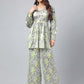 Janasya Women's Sage Green Satin Digital Floral Printed Flared Party Top Set | Swadesiicart