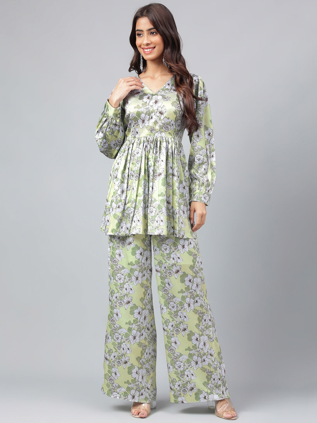 Janasya Women's Sage Green Satin Digital Floral Printed Flared Party Top Set | Swadesiicart