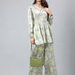 Janasya Women's Sage Green Satin Digital Floral Printed Flared Party Top Set | Swadesiicart