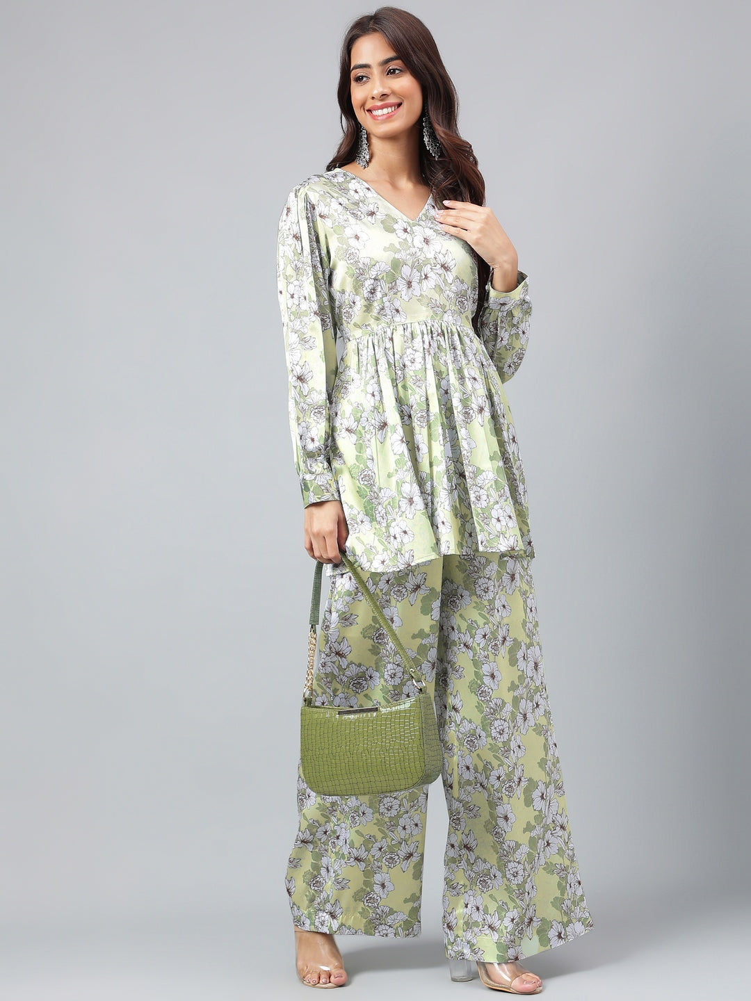 Janasya Women's Sage Green Satin Digital Floral Printed Flared Party Top Set | Swadesiicart