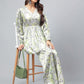 Janasya Women's Sage Green Satin Digital Floral Printed Flared Party Top Set | Swadesiicart