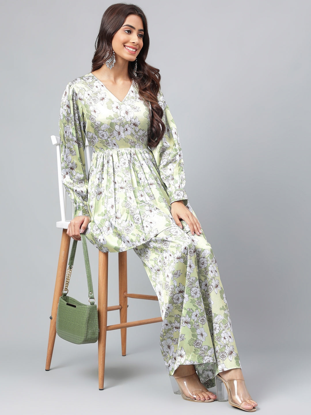 Janasya Women's Sage Green Satin Digital Floral Printed Flared Party Top Set | Swadesiicart