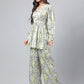Janasya Women's Sage Green Satin Digital Floral Printed Flared Party Top Set | Swadesiicart
