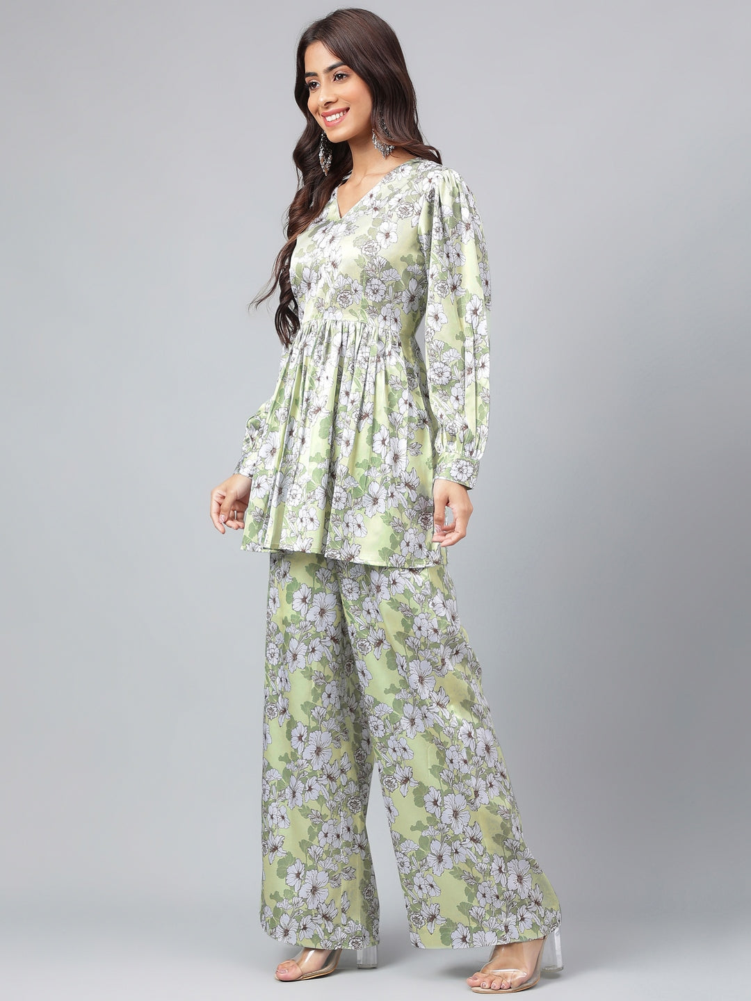 Janasya Women's Sage Green Satin Digital Floral Printed Flared Party Top Set | Swadesiicart