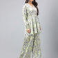 Janasya Women's Sage Green Satin Digital Floral Printed Flared Party Top Set | Swadesiicart