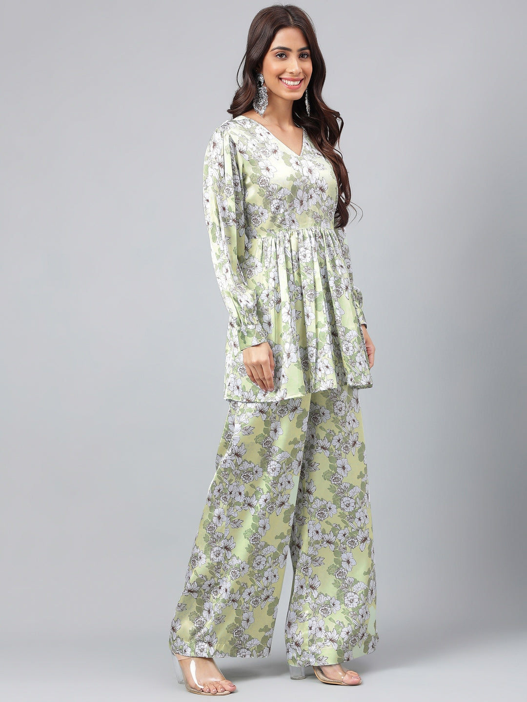 Janasya Women's Sage Green Satin Digital Floral Printed Flared Party Top Set | Swadesiicart