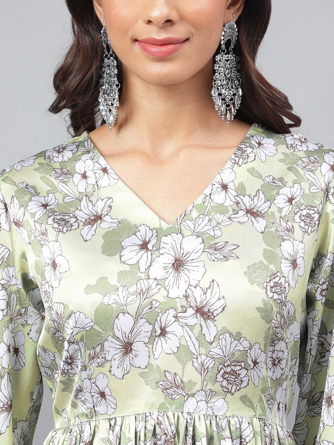 Janasya Women's Sage Green Satin Digital Floral Printed Flared Party Top Set | Swadesiicart