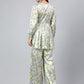 Janasya Women's Sage Green Satin Digital Floral Printed Flared Party Top Set | Swadesiicart