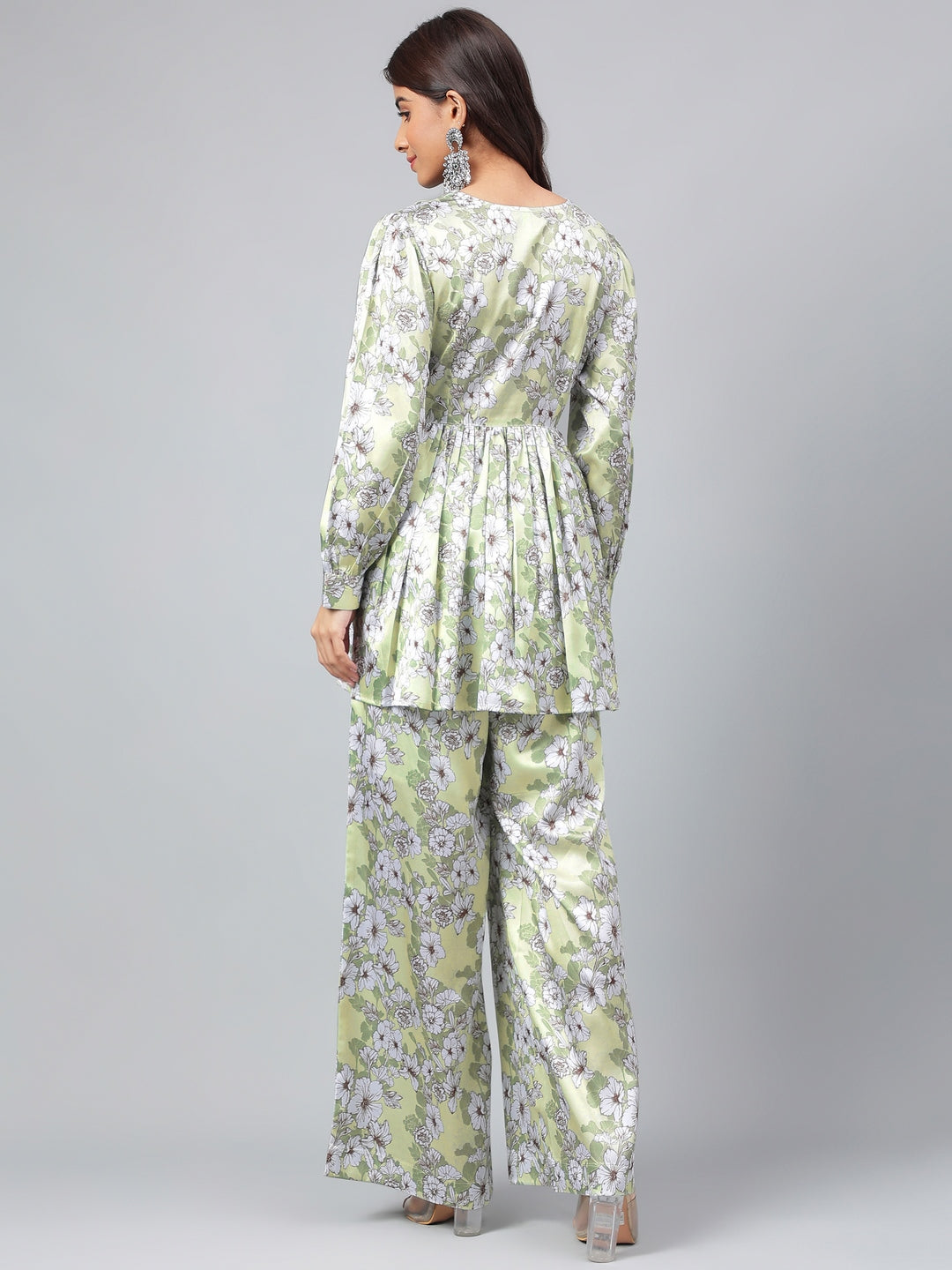 Janasya Women's Sage Green Satin Digital Floral Printed Flared Party Top Set | Swadesiicart