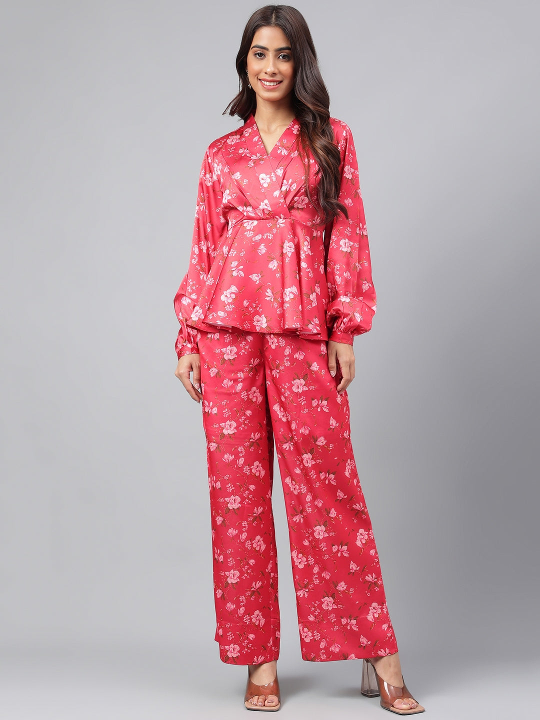 Janasya Women's Red Satin Digital Floral Printed Peplum Party Top Set | Swadesiicart