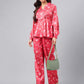 Janasya Women's Red Satin Digital Floral Printed Peplum Party Top Set | Swadesiicart