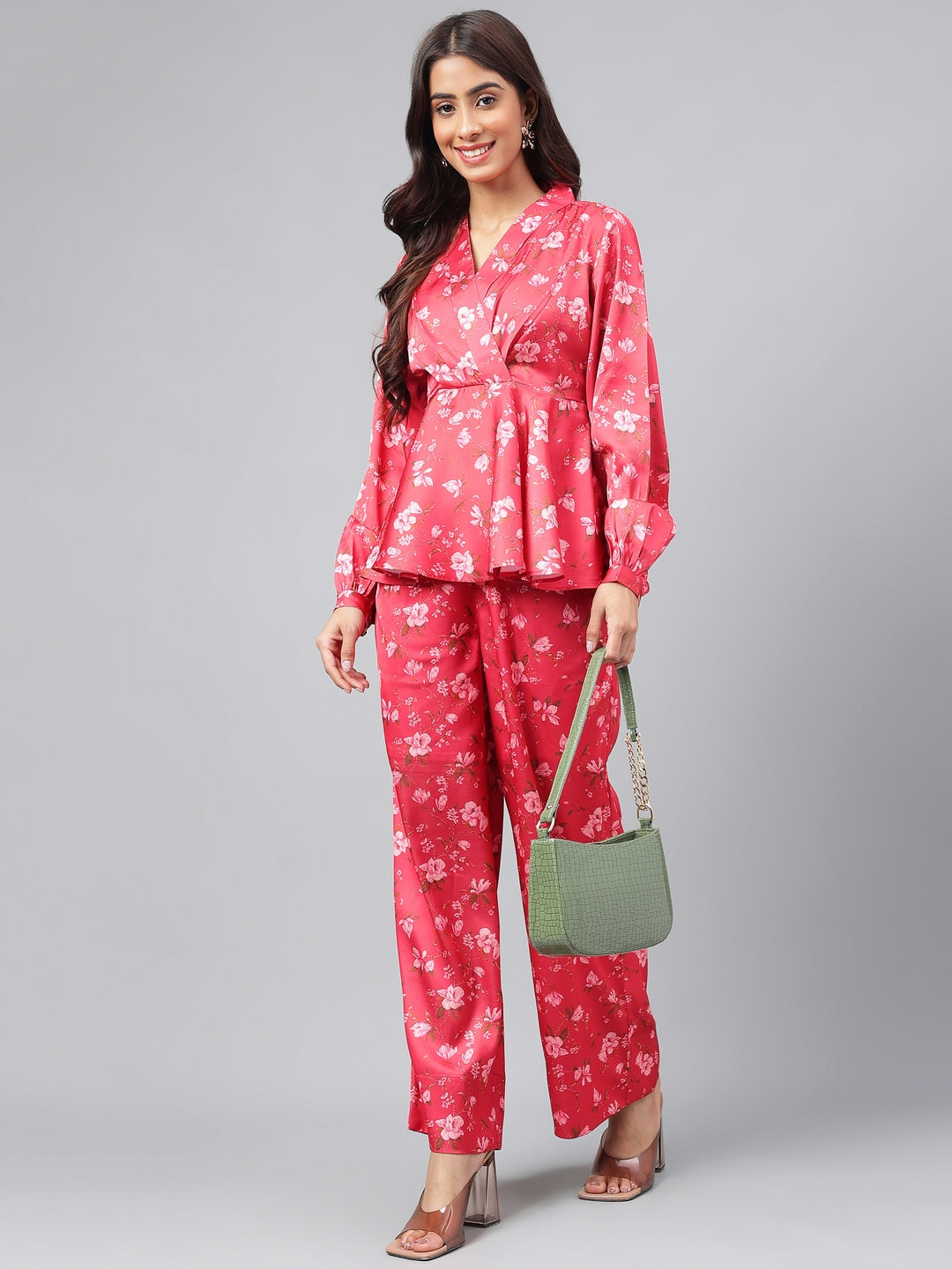 Janasya Women's Red Satin Digital Floral Printed Peplum Party Top Set | Swadesiicart