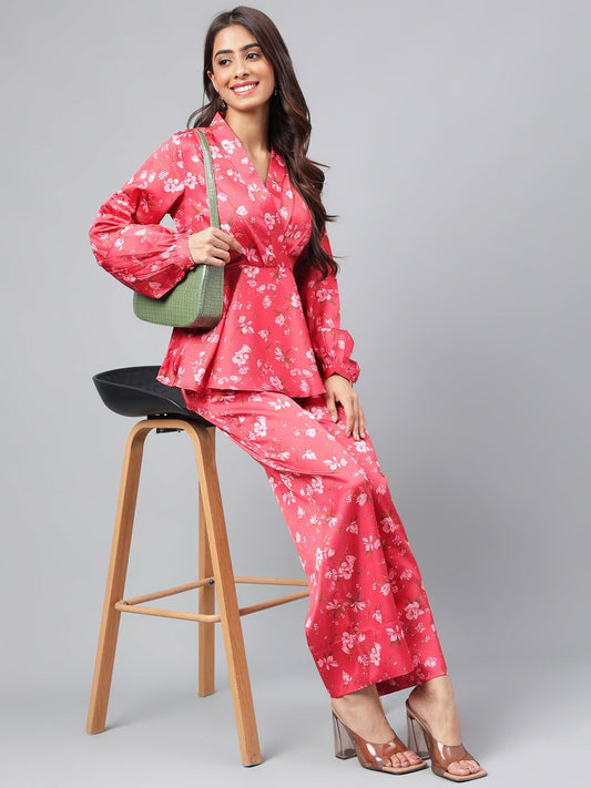 Janasya Women's Red Satin Digital Floral Printed Peplum Party Top Set | Swadesiicart