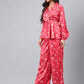 Janasya Women's Red Satin Digital Floral Printed Peplum Party Top Set | Swadesiicart